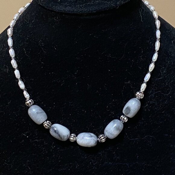 Genuine Grey Anhydrite & White Freshwater Pearl Choker, Beaded Natural Gemstones - Picture 3 of 13